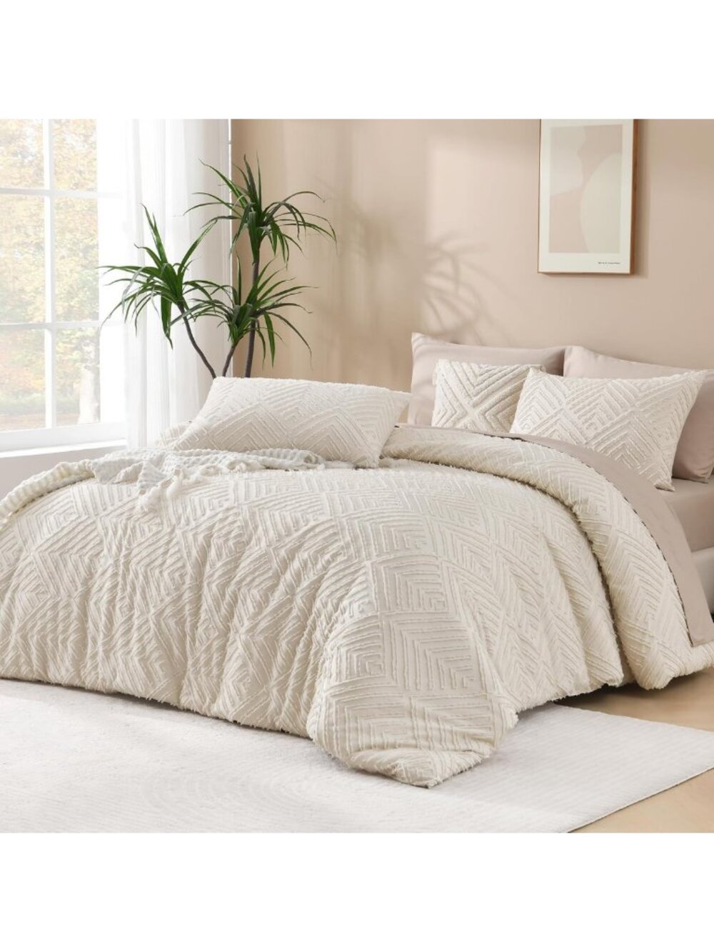 Boho King Size Comforter Set - 3 Piece Beige Bedding for Cozy Home Decor